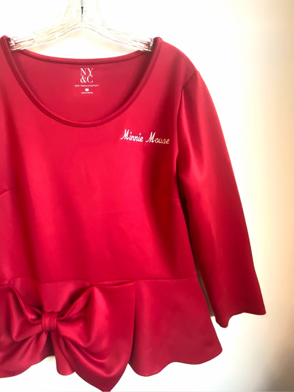 New York & Co Red Top Satin Bow Peplum & owner added Minnie Mouse Embroidered